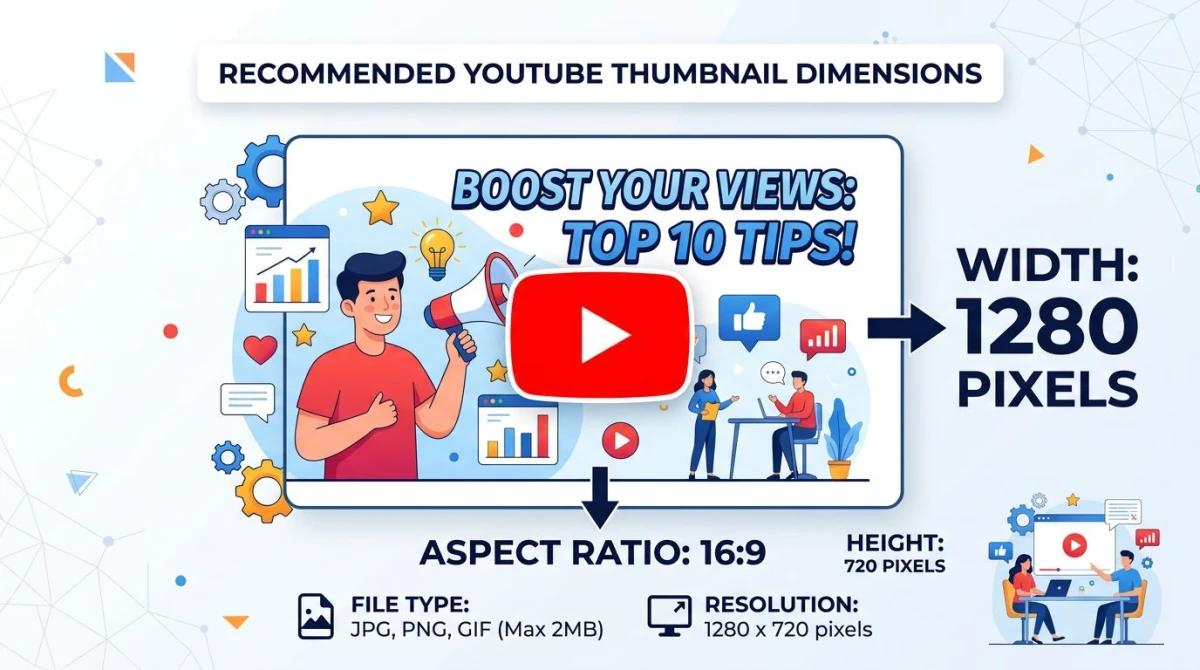 YouTube thumbnail size infographic showing a 1280 × 720 pixel canvas and 16:9 aspect ratio