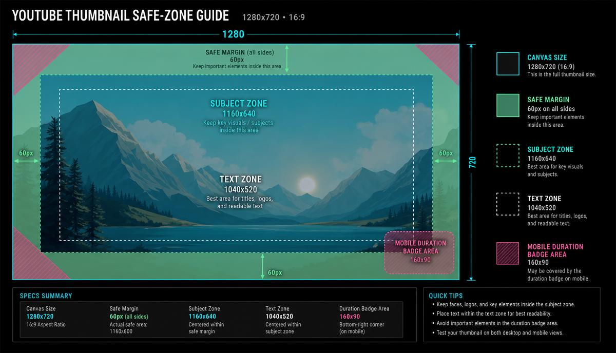 YouTube thumbnail safe-zone diagram showing a 1280 × 720 canvas, outer margins, central subject and text zones, and an area that may be covered by a mobile duration badge